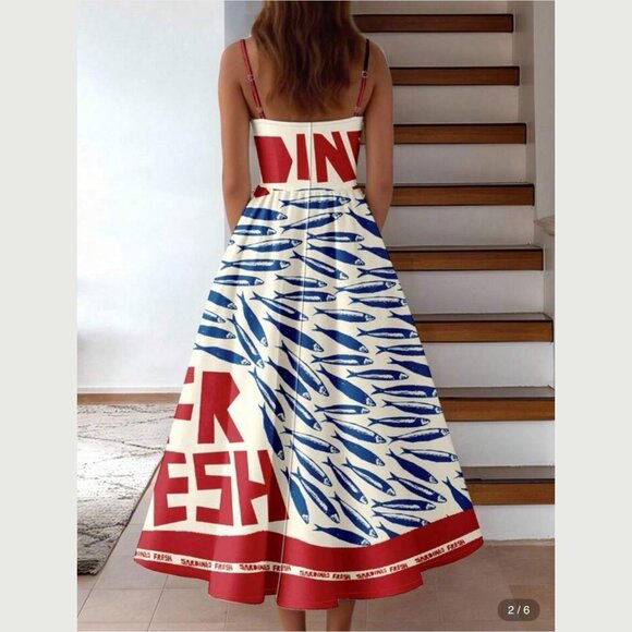 Women Fit & Flare Dress Size S Print Sardines Blue Red Square Neck Sleeveless - Picture 5 of 11